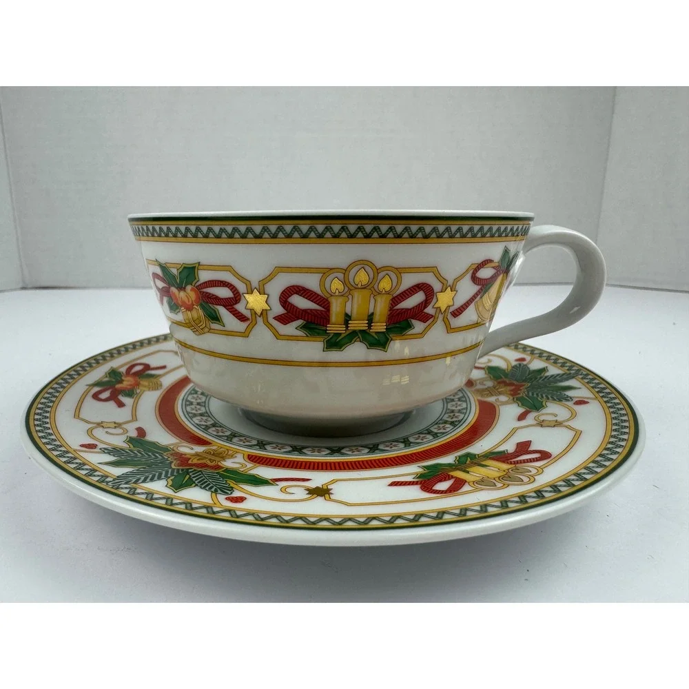Hutschenreuther Germany Christmas Joy Teacup and Saucer Set Holiday Porcelain